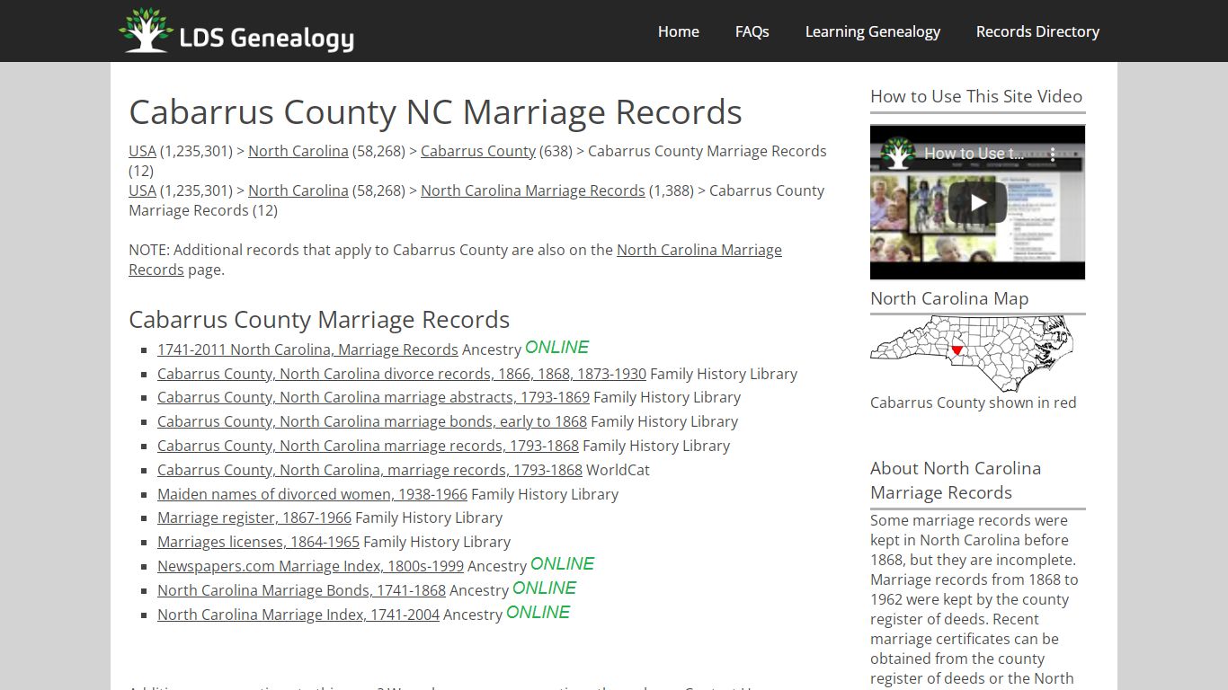 Cabarrus County NC Marriage Records - LDS Genealogy